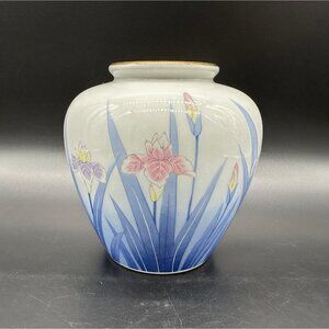 Vintage Vase Blue Floral Otagiri OMC Japan Ceramic Asian Style White Pink Yellow